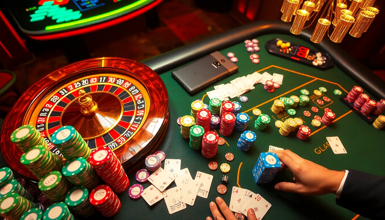KJC casino table scene showcasing engaging gameplay with roulette, poker chips, and excitement.