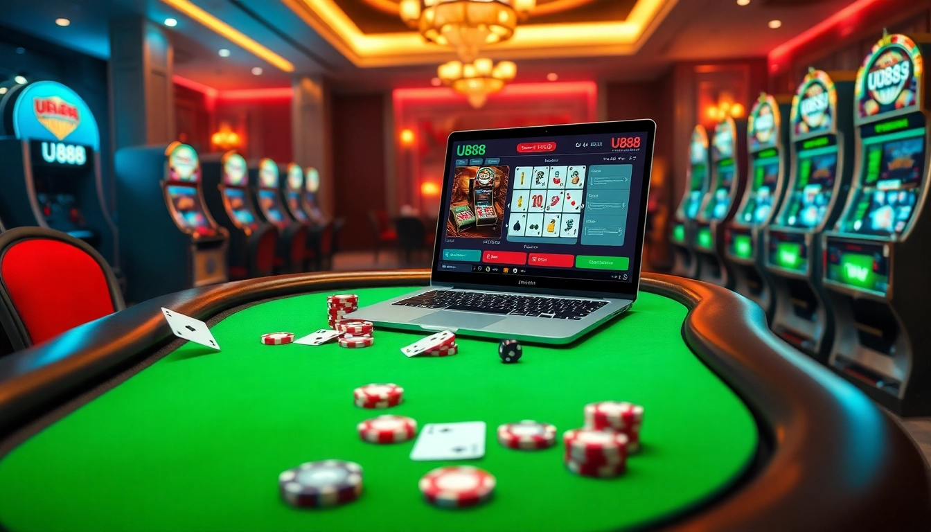 Experience the luxury of U888's online gambling with vibrant casino visuals and professional gaming elements.