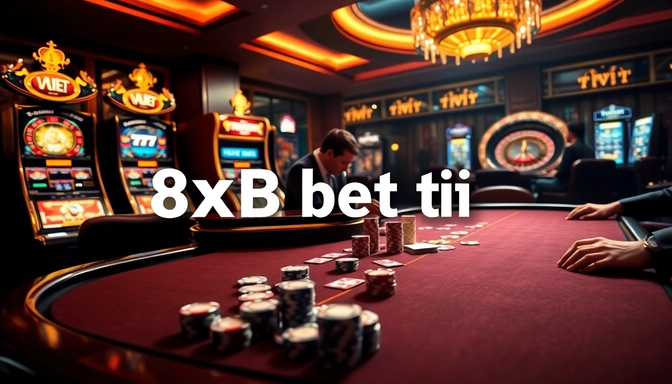 Experience the thrill of 8xbet tải with an elegant casino scene featuring poker players and a roulette wheel.
