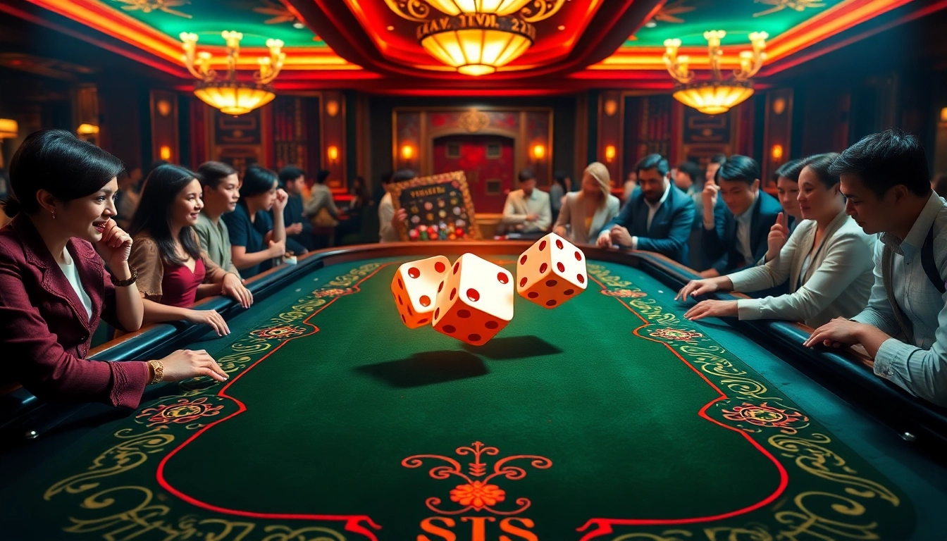 Tài xỉu md5 players engaging at a luxurious casino table with rolling dice.