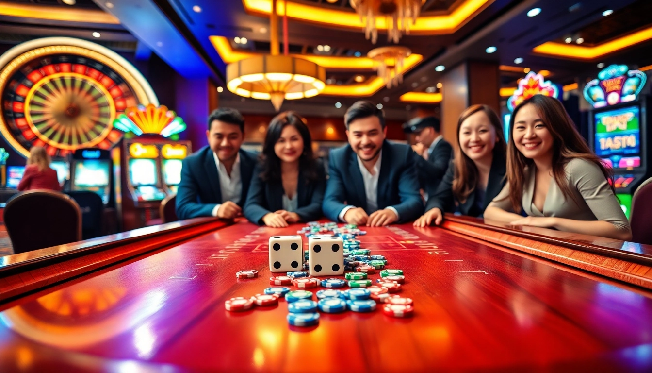 Engaged players rolling dice in a thrilling tài xỉu md5 game with vibrant casino elements.
