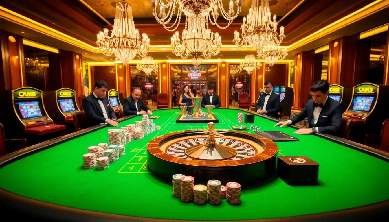 Players engaged at an upscale MM88 casino table, showcasing vibrant poker chips and a roulette wheel.
