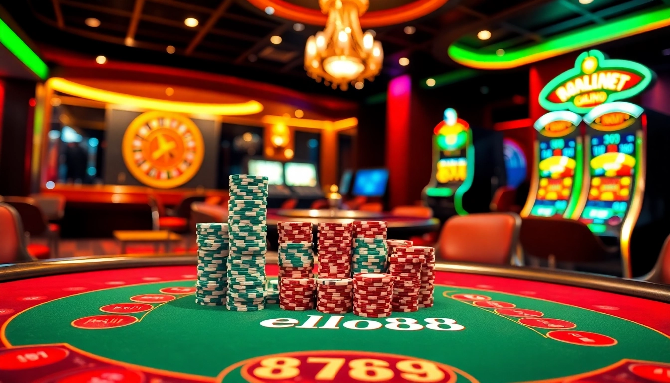 Hello88 sparks excitement at a luxurious casino table adorned with poker chips and cards.