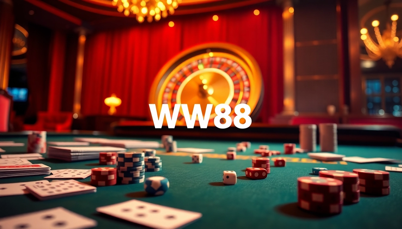 Experience the excitement of betting at WW88 with vibrant casino visuals featuring cards and roulette.