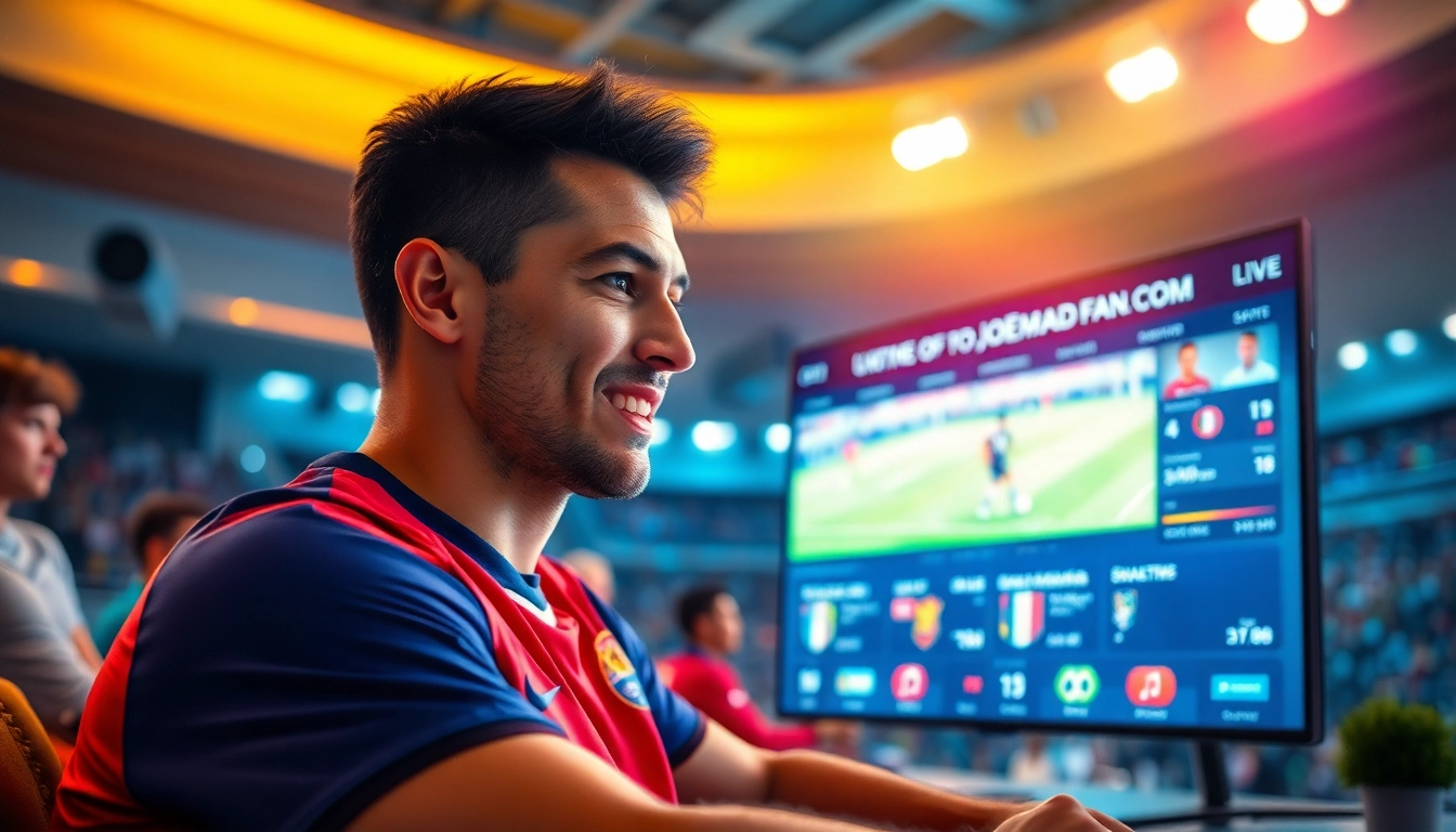 Excited football fan enjoying a live match on joemadfan.com with vibrant colors and modern digital interface.