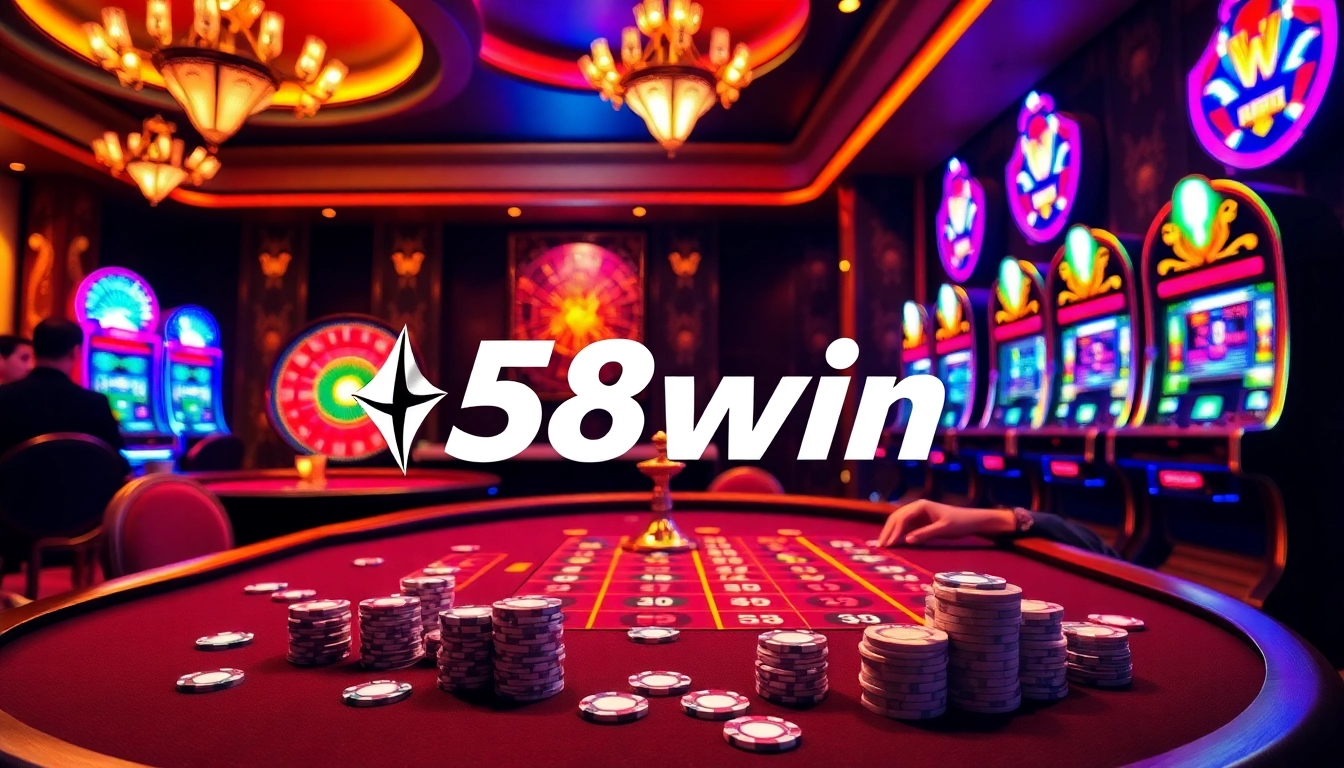 The excitement of winning at 58win casino featuring vibrant slot machines and poker action.