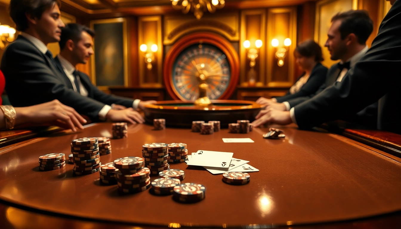 Experience the thrill of J8 poker with lavish chips and cards in an upscale casino.