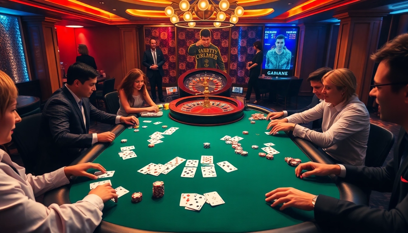 Kp88 casino players enjoying a vibrant poker game at an opulent table.