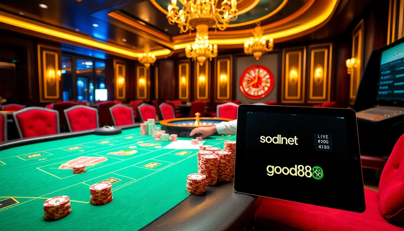 Engage in thrilling games at good88, featuring vibrant casino tables and poker chips.