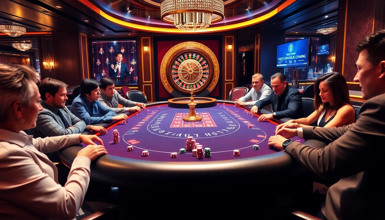 Engaged players strategizing bets at the HitClub poker table in a vibrant casino atmosphere.