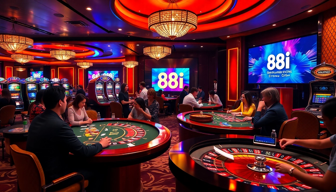 Exciting casino scene showcasing players engaging with 88i tables, cards, and vibrant slot machines.
