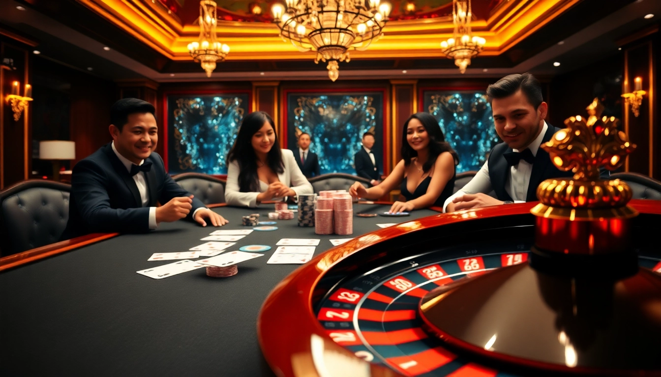 Experience excitement at https://vj88vn.com/ with a dynamic poker table scene highlighting players and cards.