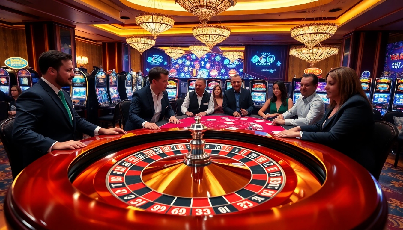 Exciting casino scene showcasing PG88 VIP poker chips and a roulette wheel amidst enthusiastic players.