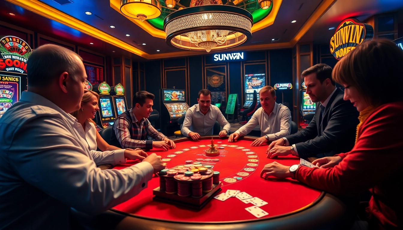 SUNWIN poker players strategizing over colorful chips at a luxurious casino table.