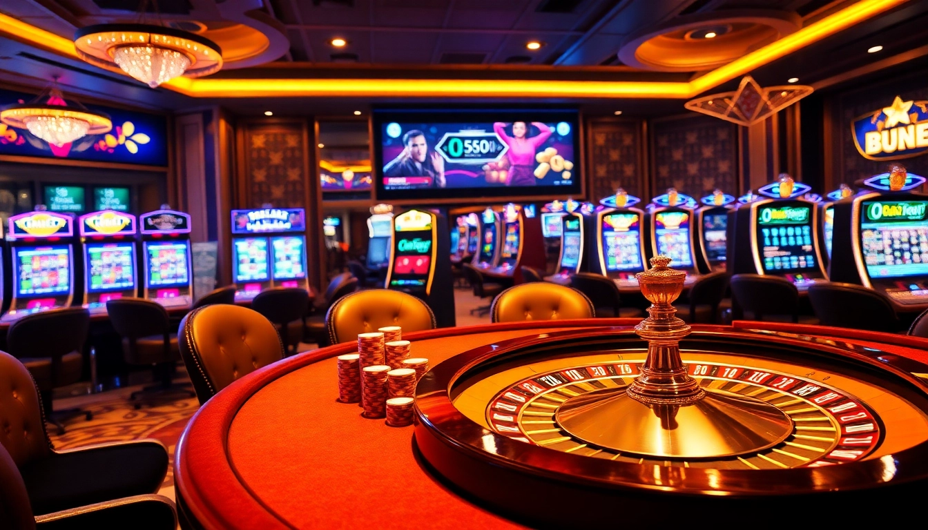Exciting gambling scene showcasing luxury casino elements at nhà cái 888new with poker tables and slot machines.