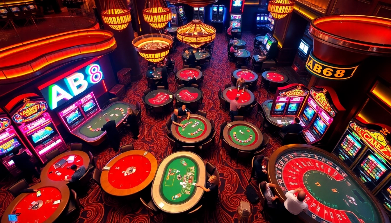 Experience thrilling gameplay at a luxury casino, featuring vibrant ABC8 slot machines and intense poker action.
