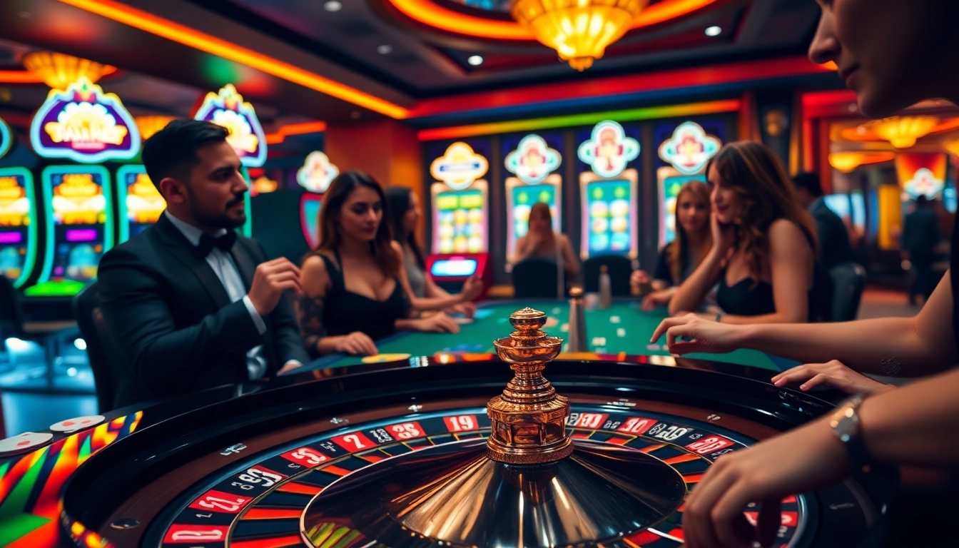 Sodo66 players engaging in a thrilling casino experience with vibrant poker chips and a roulette wheel.