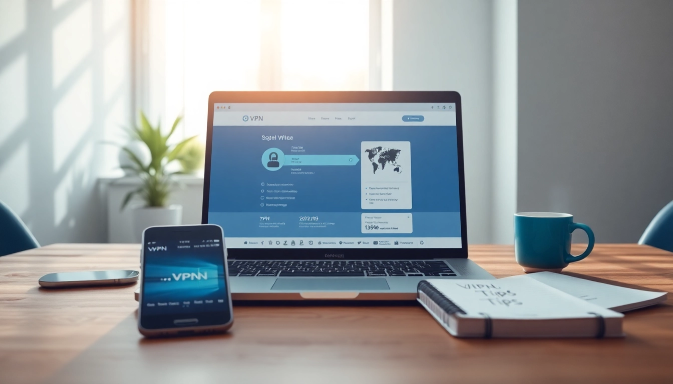 在光线充足的工作区的笔记本电脑上显示的快连VPN界面，展示现代数字安全。