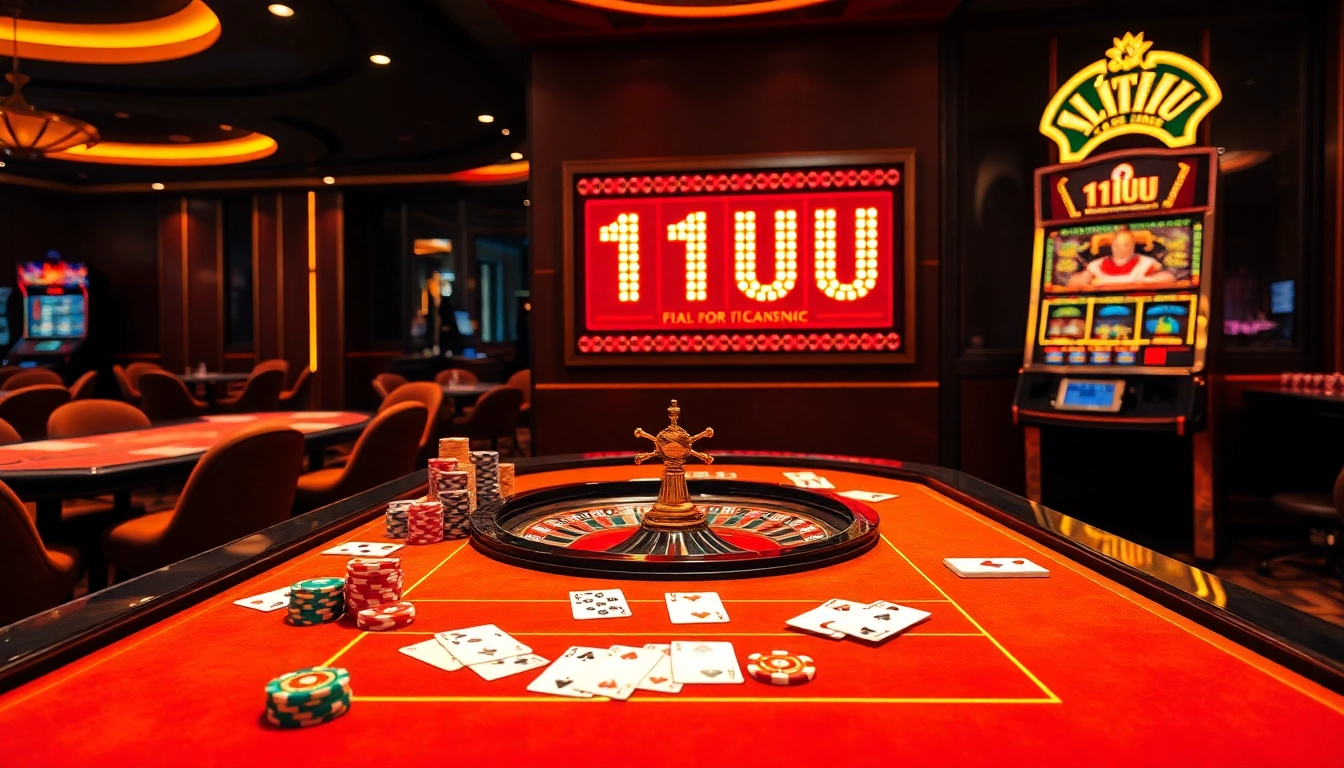 Experience the sophistication of 11UU at a luxurious casino table filled with poker chips and vibrant slot machines.