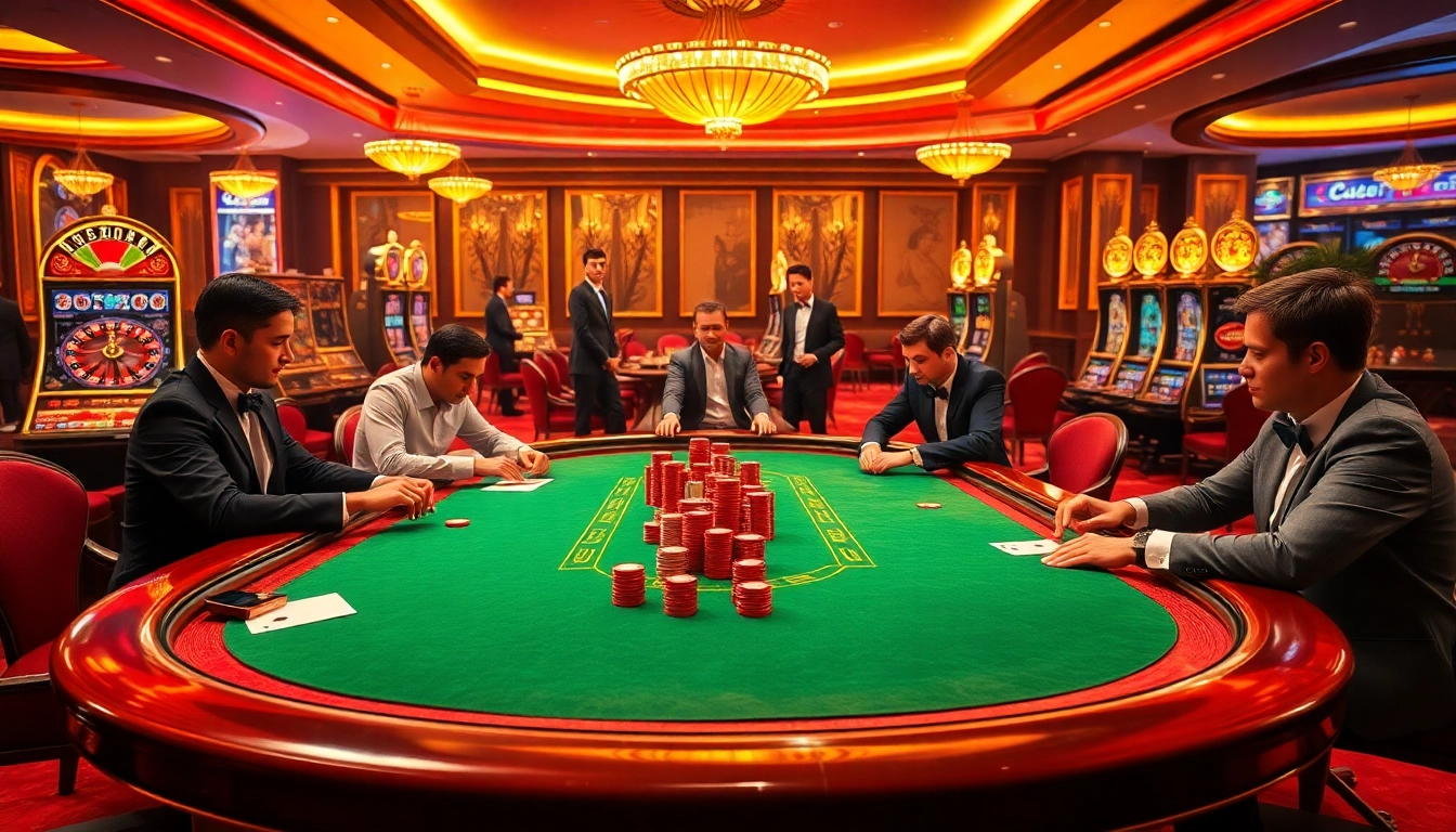 Players enjoying poker at a glamorous casino, highlighting action at https://xx88.eu.com/ with colorful chips and cards.