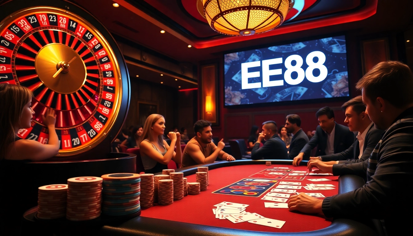 Engaged players at a casino table featuring EE88 logo, vibrant chips, and a roulette wheel.