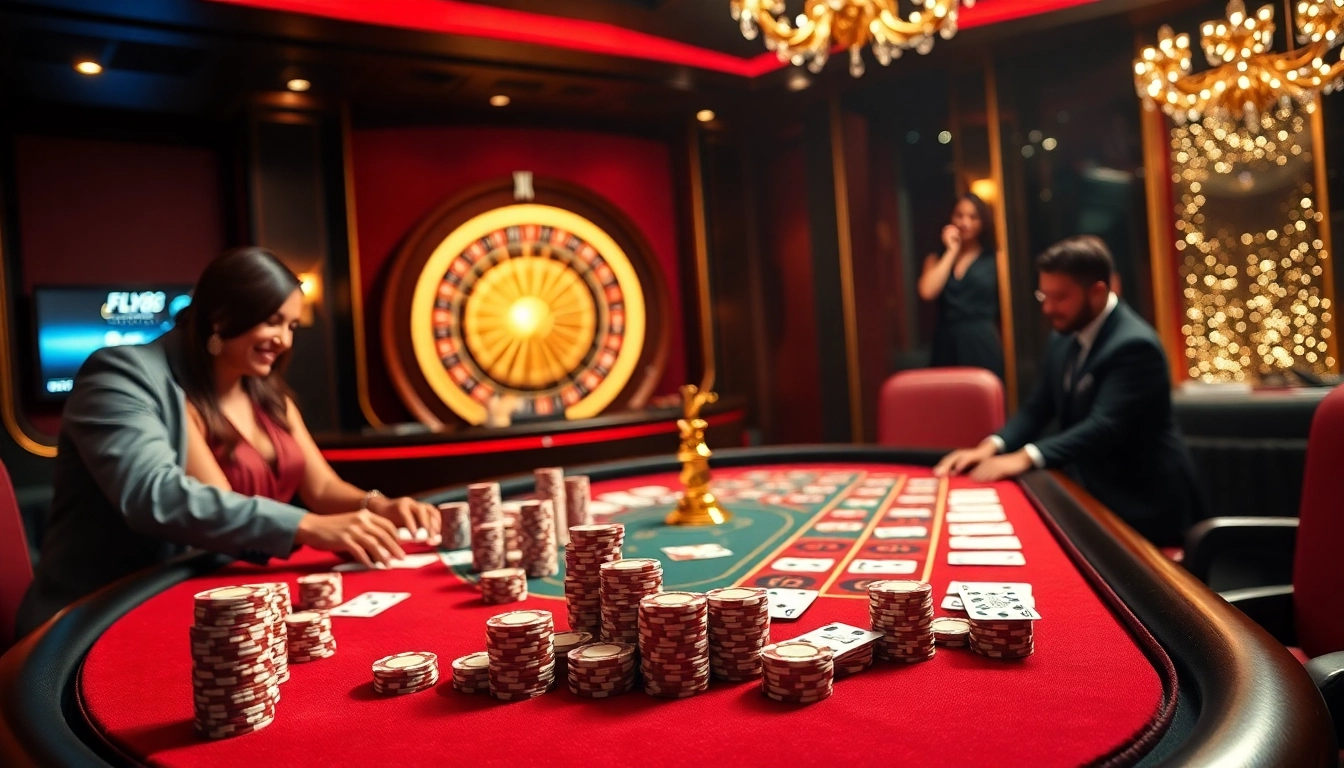 FLY88 casino table featuring poker chips and vibrant roulette wheel surrounded by excited players.