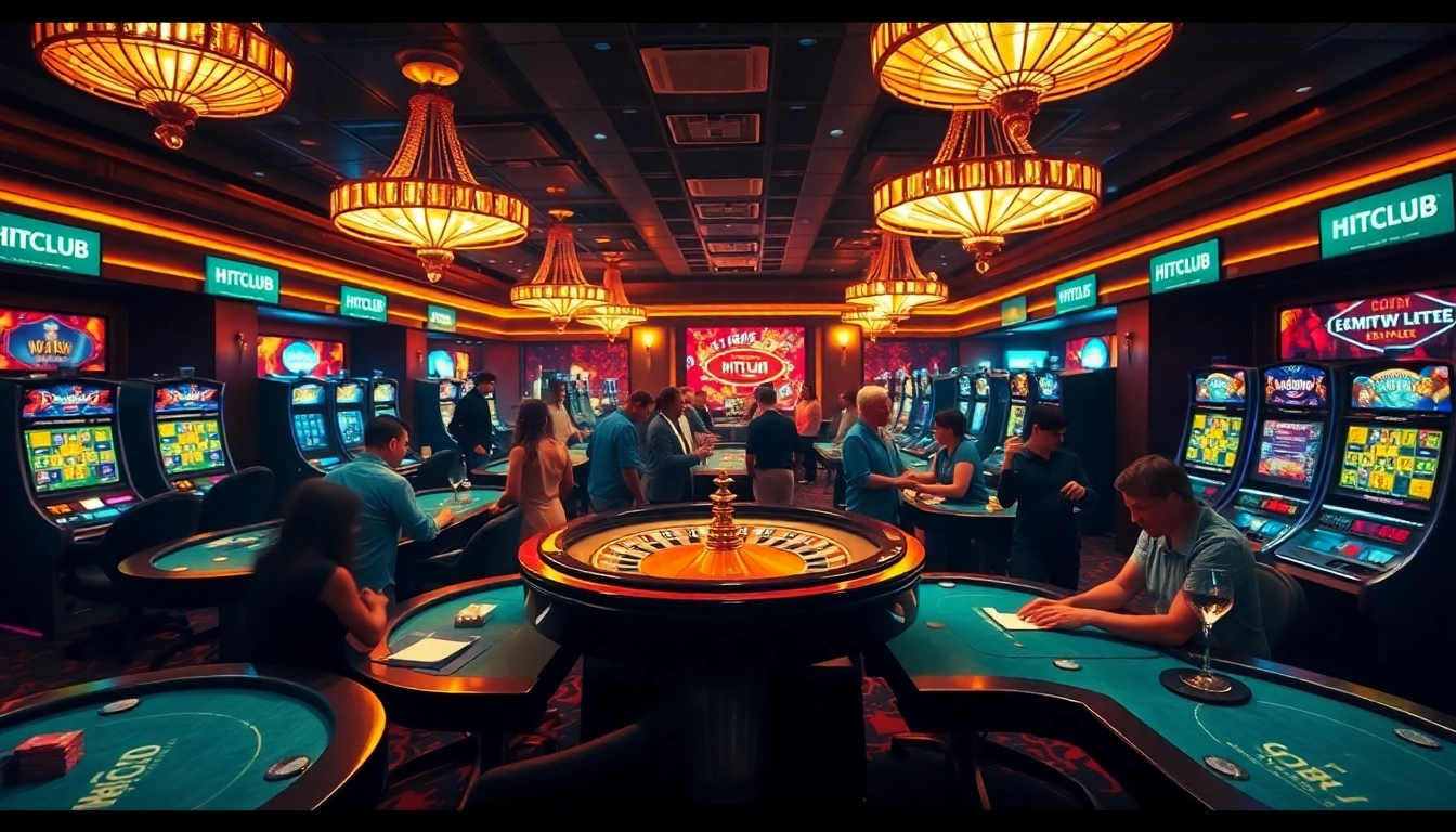 Experience excitement at HITCLUB with players engaged at a luxury casino, showcasing poker and roulette.
