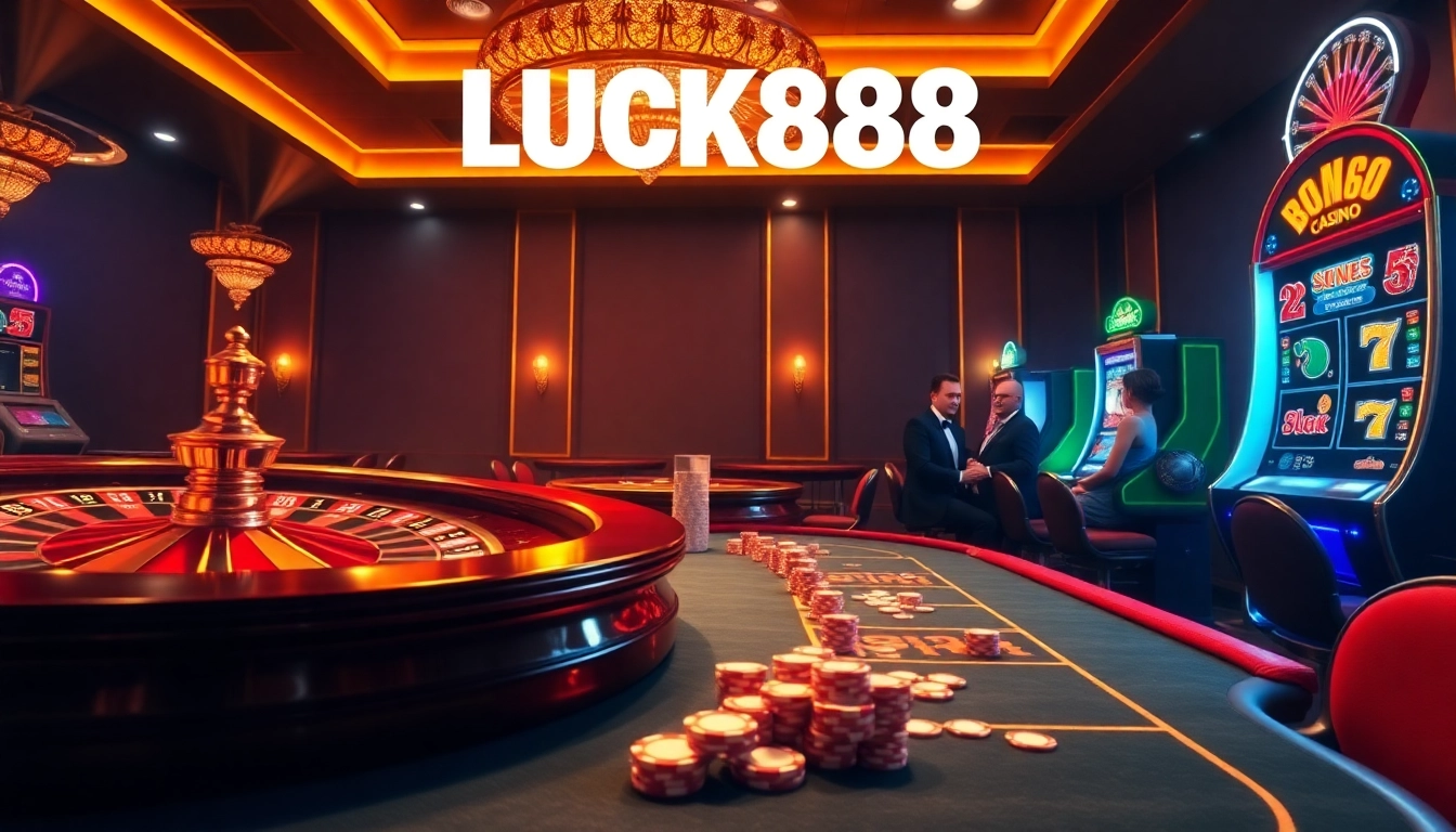 Experience the thrill of LUCK888 at an upscale casino with a roulette wheel and vibrant slot machines.