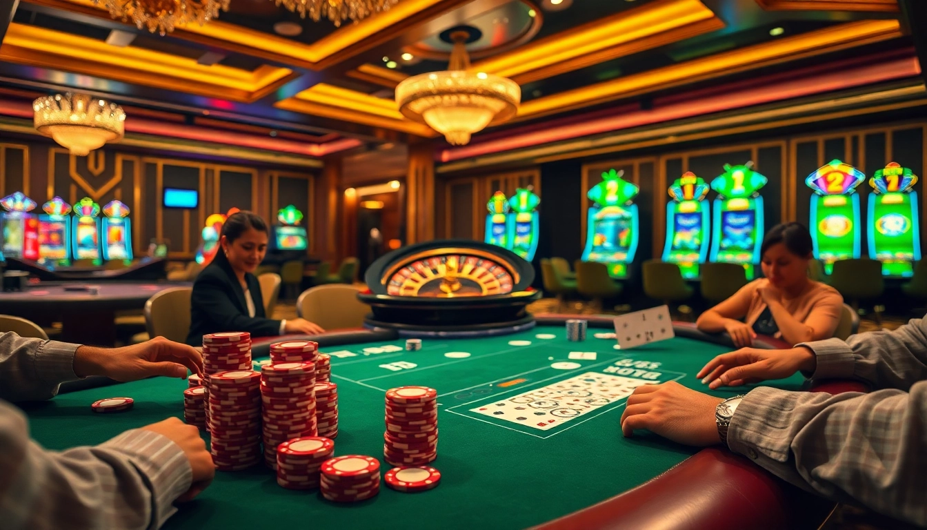Tỷ lệ cá cược bet88 featured in a vibrant casino scene with players at a poker table, showcasing excitement and luxury.