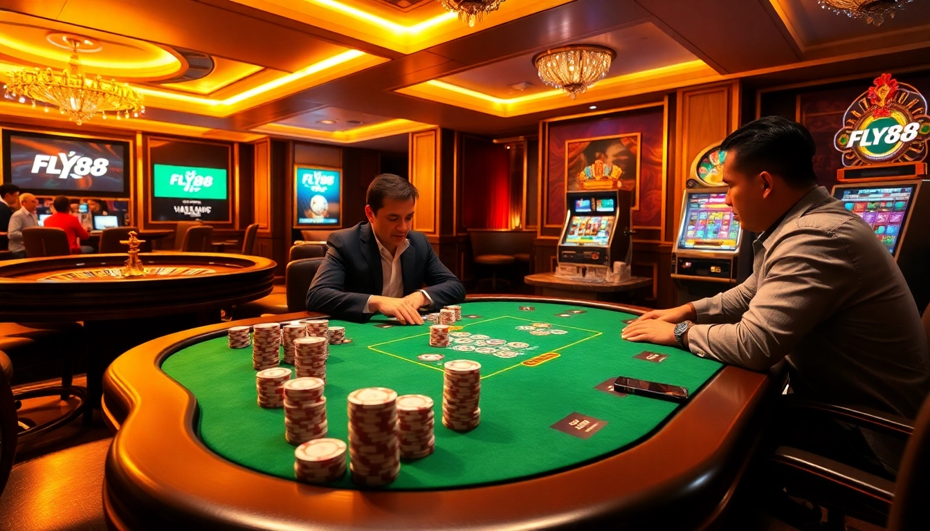 FLY88 casino excitement with poker chips and roulette wheel in a vibrant atmosphere.