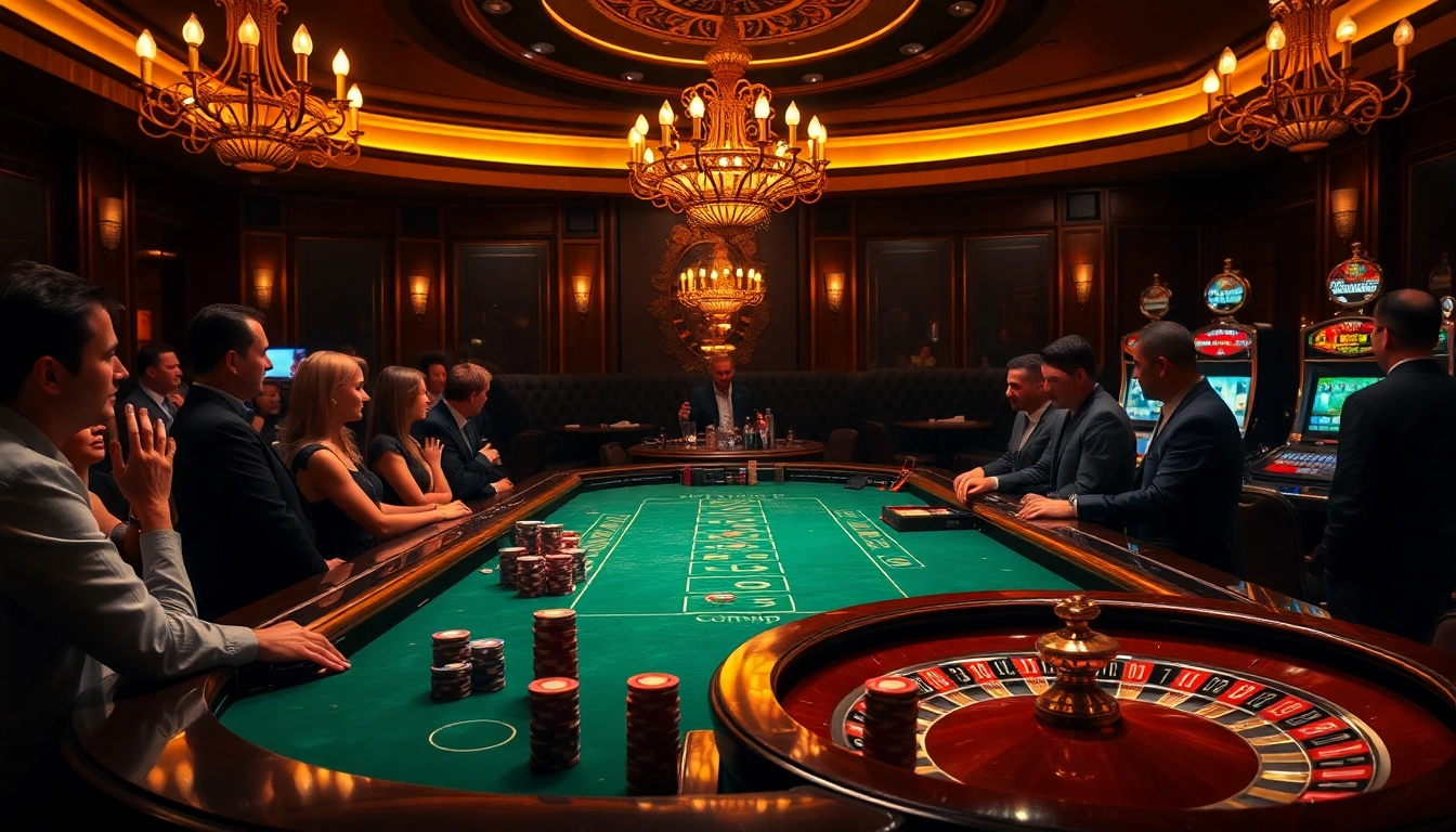 Exciting scene of poker players at a luxurious casino table featuring sumvip gaming experience.