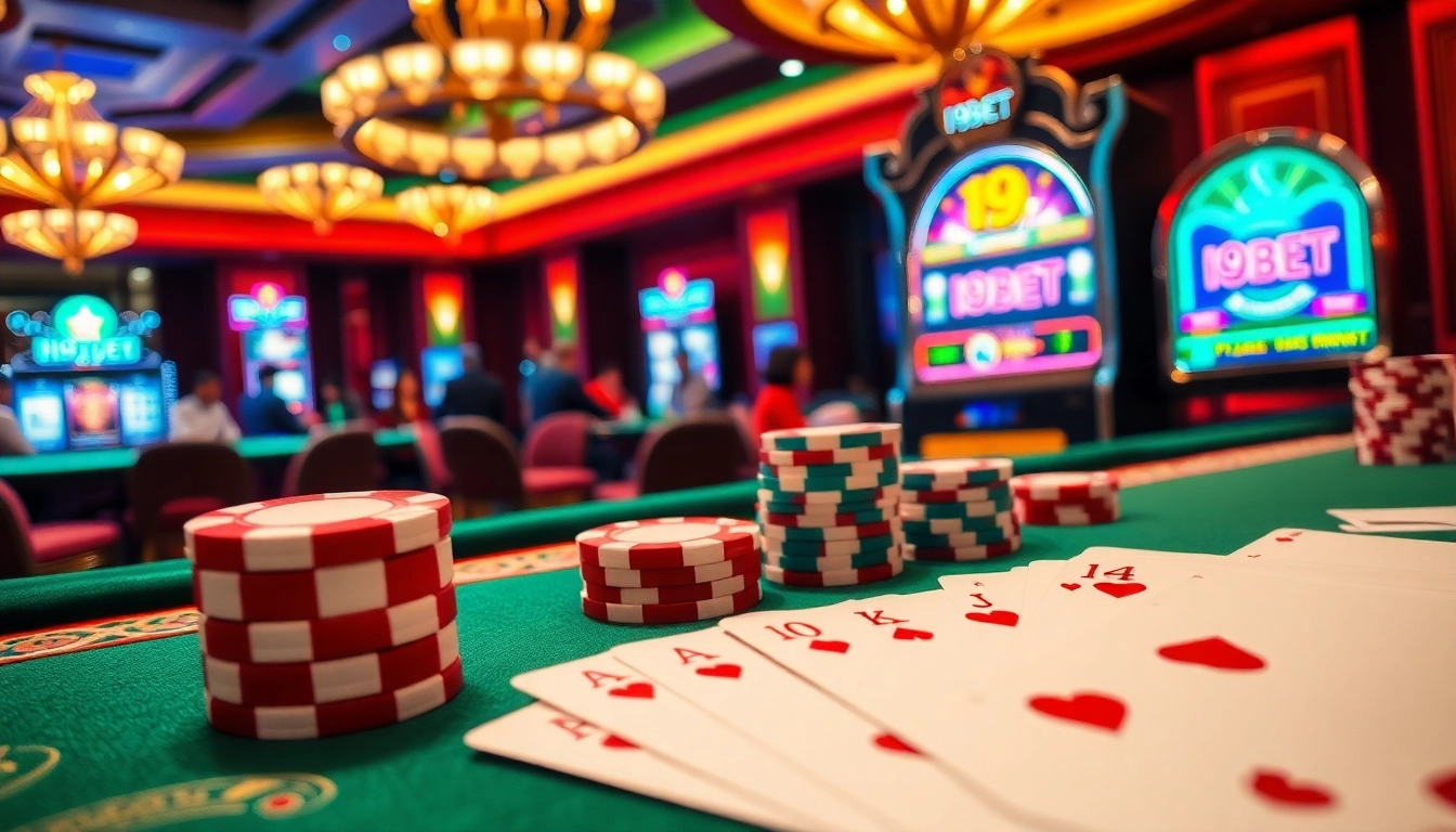 I9BET showcases a vibrant casino table filled with poker chips, cards, and a slot machine in an elegant setting.