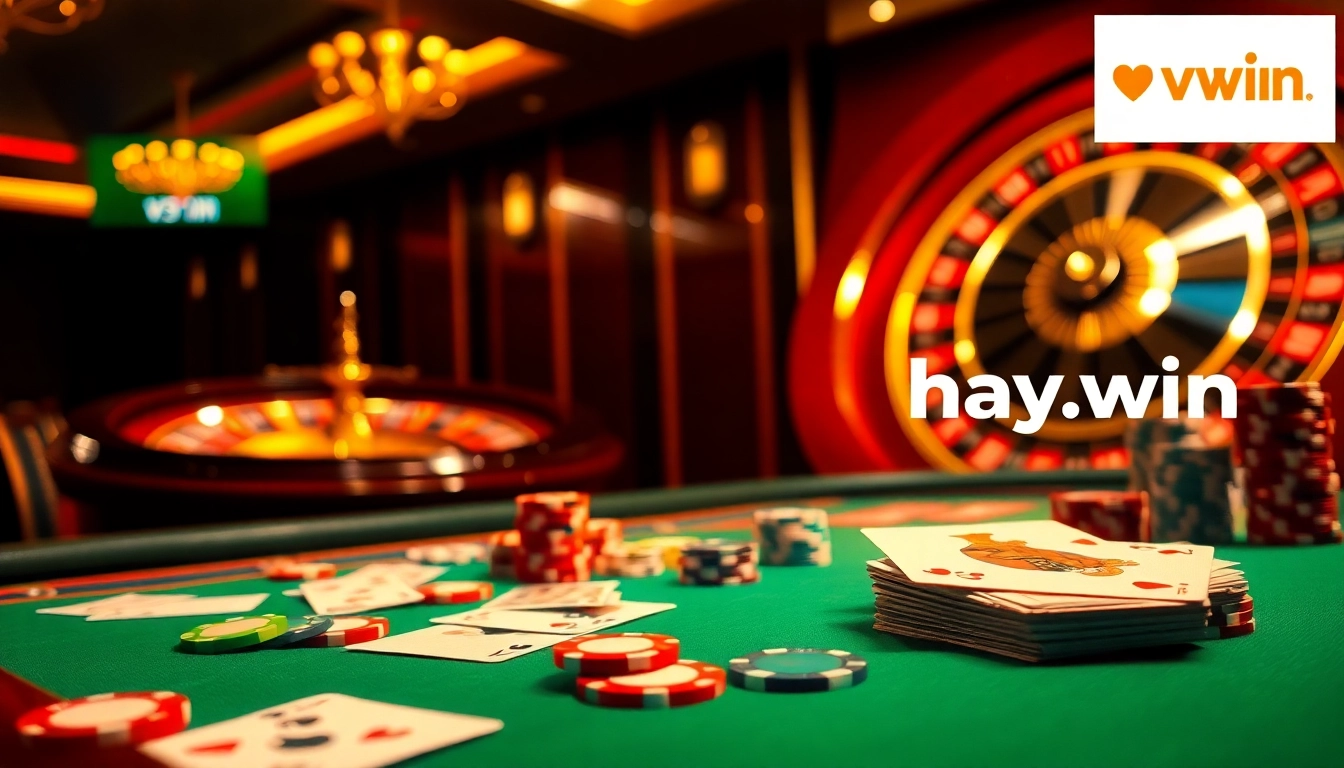 Experience excitement at hay.win with a lively poker table filled with colorful chips and cards.