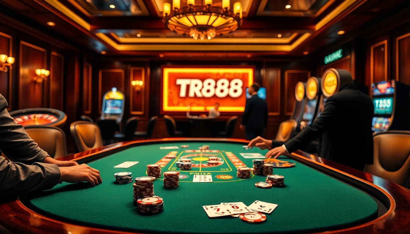 Engage with TR88 at an upscale poker table surrounded by vibrant gambling elements.