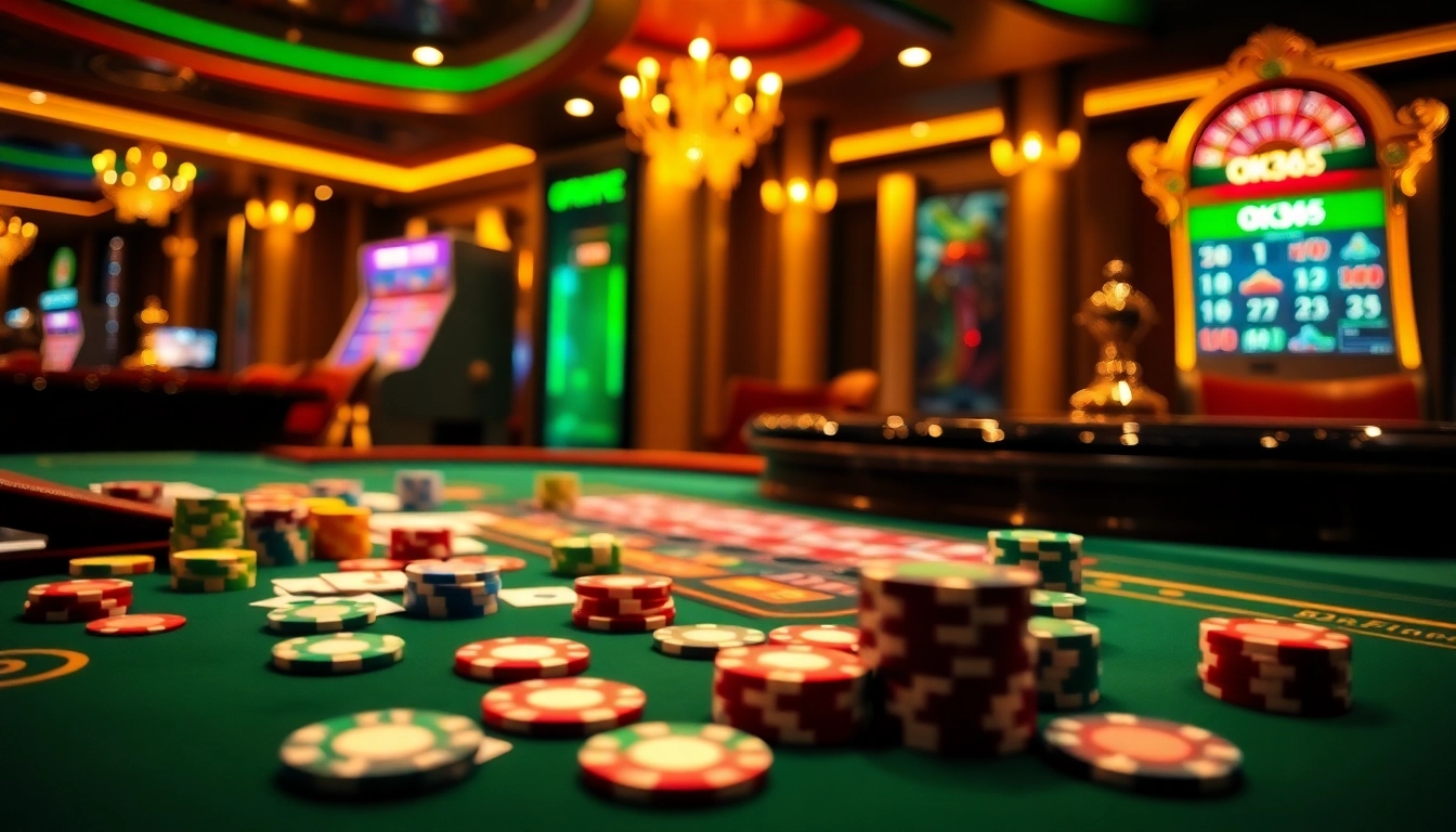 Players engaging in a thrilling game at OK365 online casino, showcasing vibrant poker chips, a roulette wheel, and exciting card action.