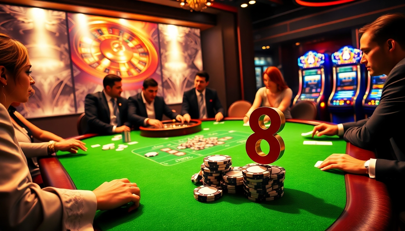 Players enjoying high-stakes poker with s8 poker chips in an elegant casino atmosphere.