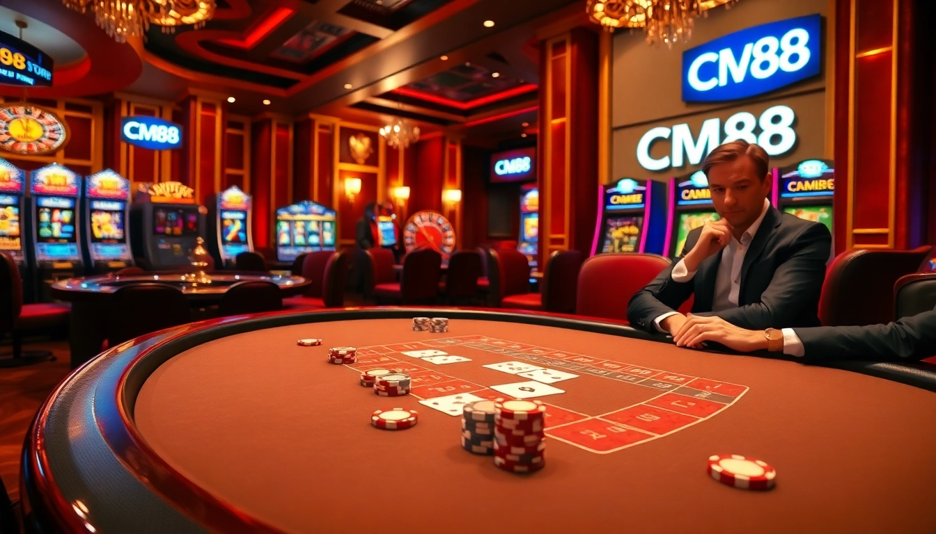 Experience the thrilling gameplay at CM88 casino with vibrant slot machines and an elegant blackjack table.