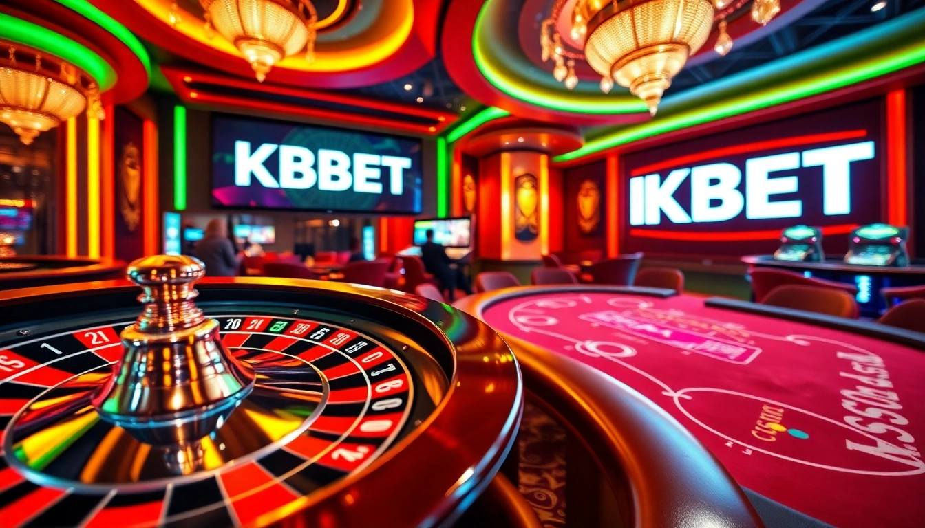 KBBET players engaged at a glamorous casino table surrounded by poker chips and a roulette wheel.