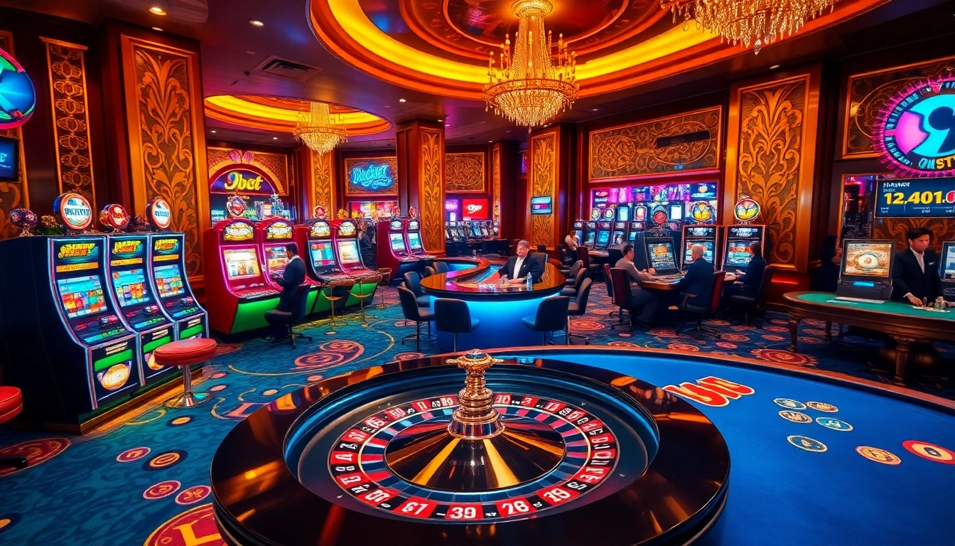 Players enjoying the excitement of roulette and slot machines at the luxurious 9BET casino.