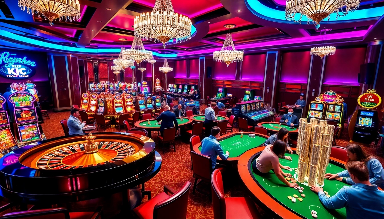 Exciting casino scene with KJC branding visible, showcasing vibrant gaming activities.