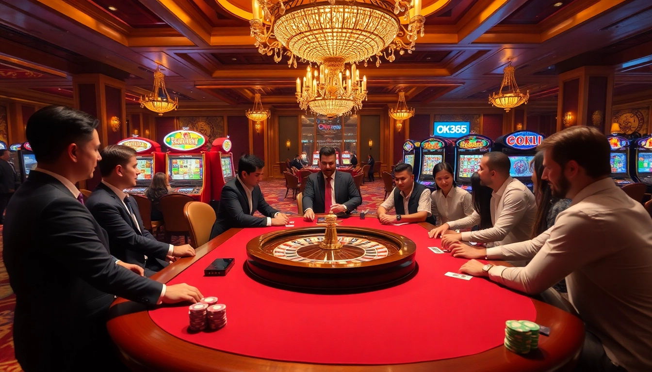 Players enjoying poker at an upscale casino table with OK365 branding visible.