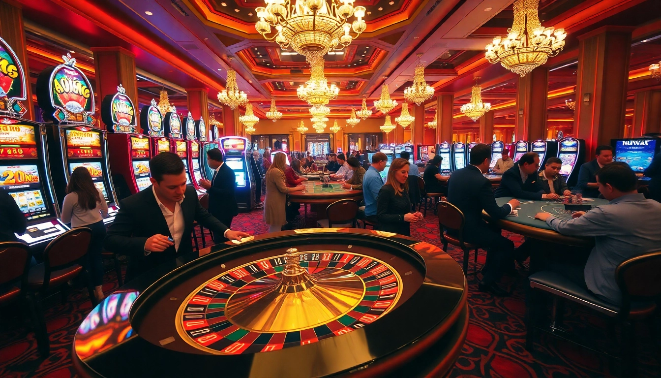 Experience the excitement of casino gaming with HM88's vibrant atmosphere, featuring roulette and poker tables.