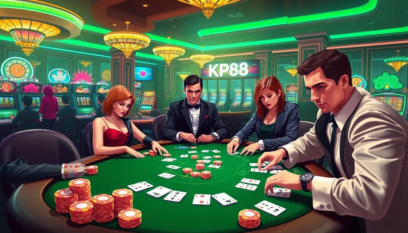 Betting excitement at a luxury casino with poker and kp88-themed elements.