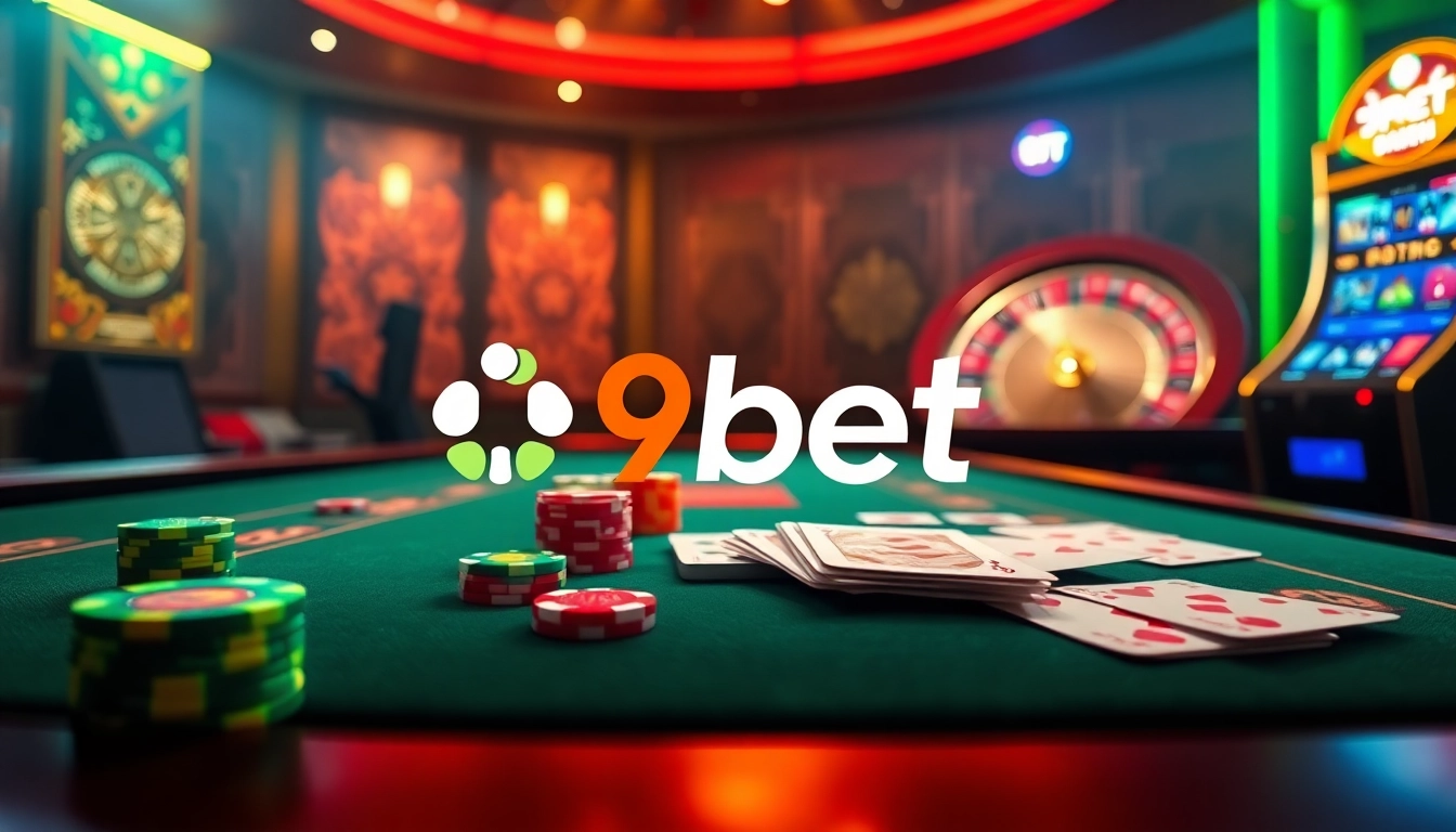 Exciting gaming action at i9bet with vibrant casino elements, poker chips, and a roulette wheel