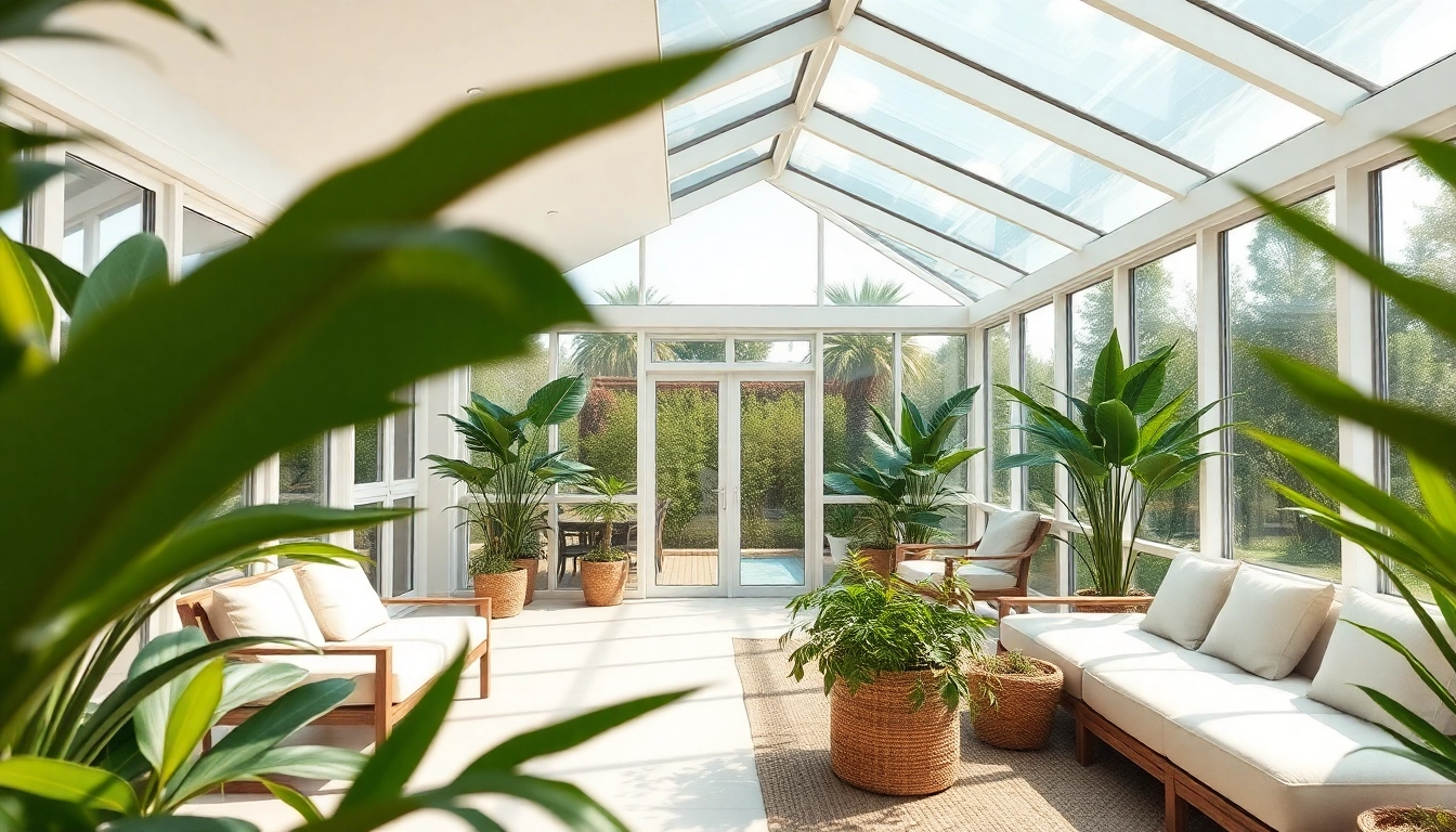 Beautiful solarium room filled with natural light and greenery, showcasing innovative glass design.