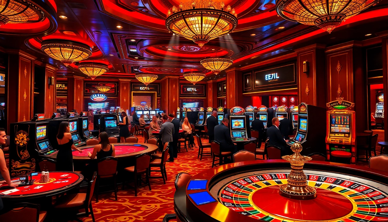 Experience thrilling games at the EEJL casino, featuring vibrant tables and excited players.
