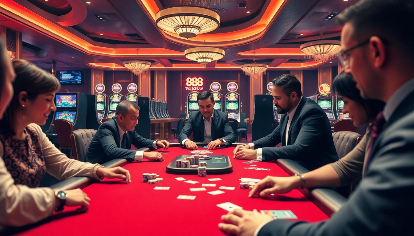 Exciting poker game scene at 888new casino, featuring professional players and vibrant décor.
