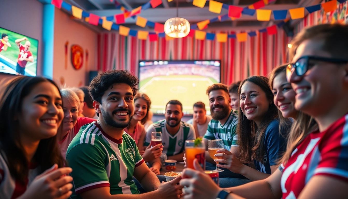 Excited fans enjoying the football match on vaoluoitv in a vibrant viewing party atmosphere.