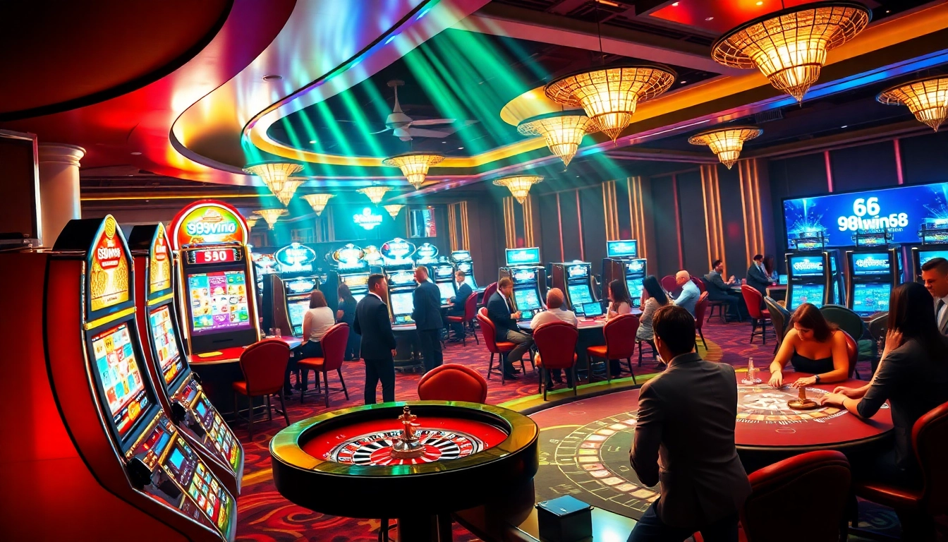 Players enjoying the excitement of gambling at 98win58 with vibrant slot machines and a roulette wheel.