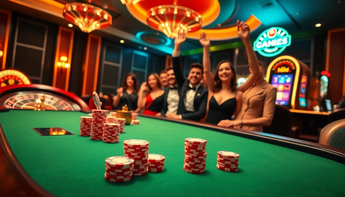 Excited players celebrating a win at hay.win's vibrant casino scene featuring a poker table and roulette wheel.